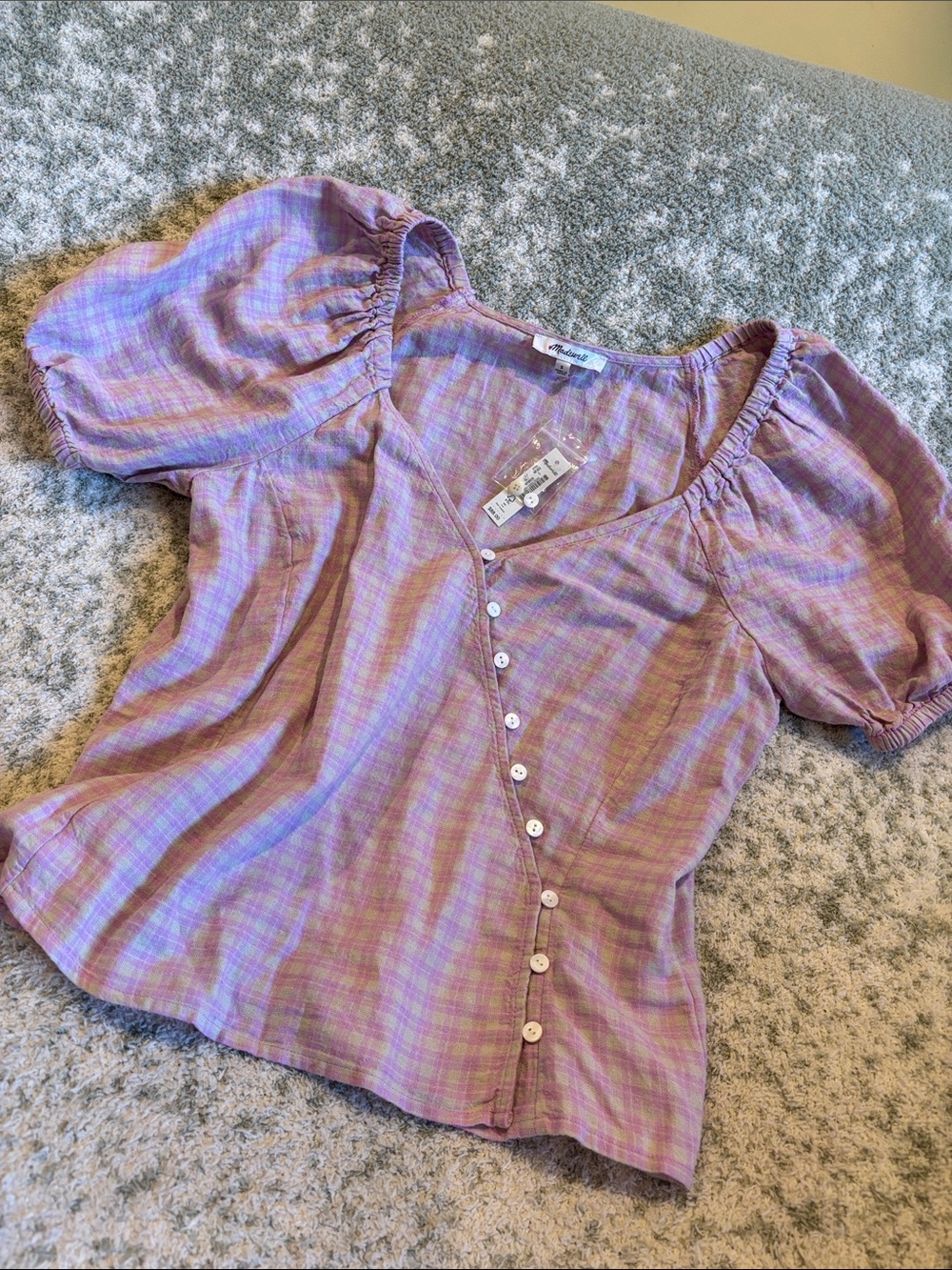 Madewell Lavender Plaid Button-Front Puff Sleeve Top NWT Size Small